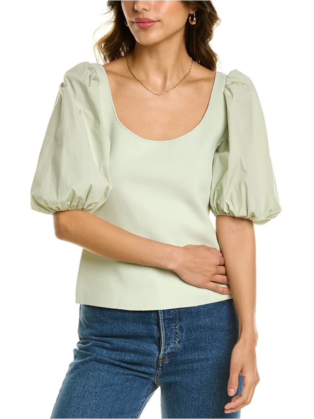 THEORY Light Green Puff Short Sleeve Scoop Neck Top Shirt Blouse S Designer S